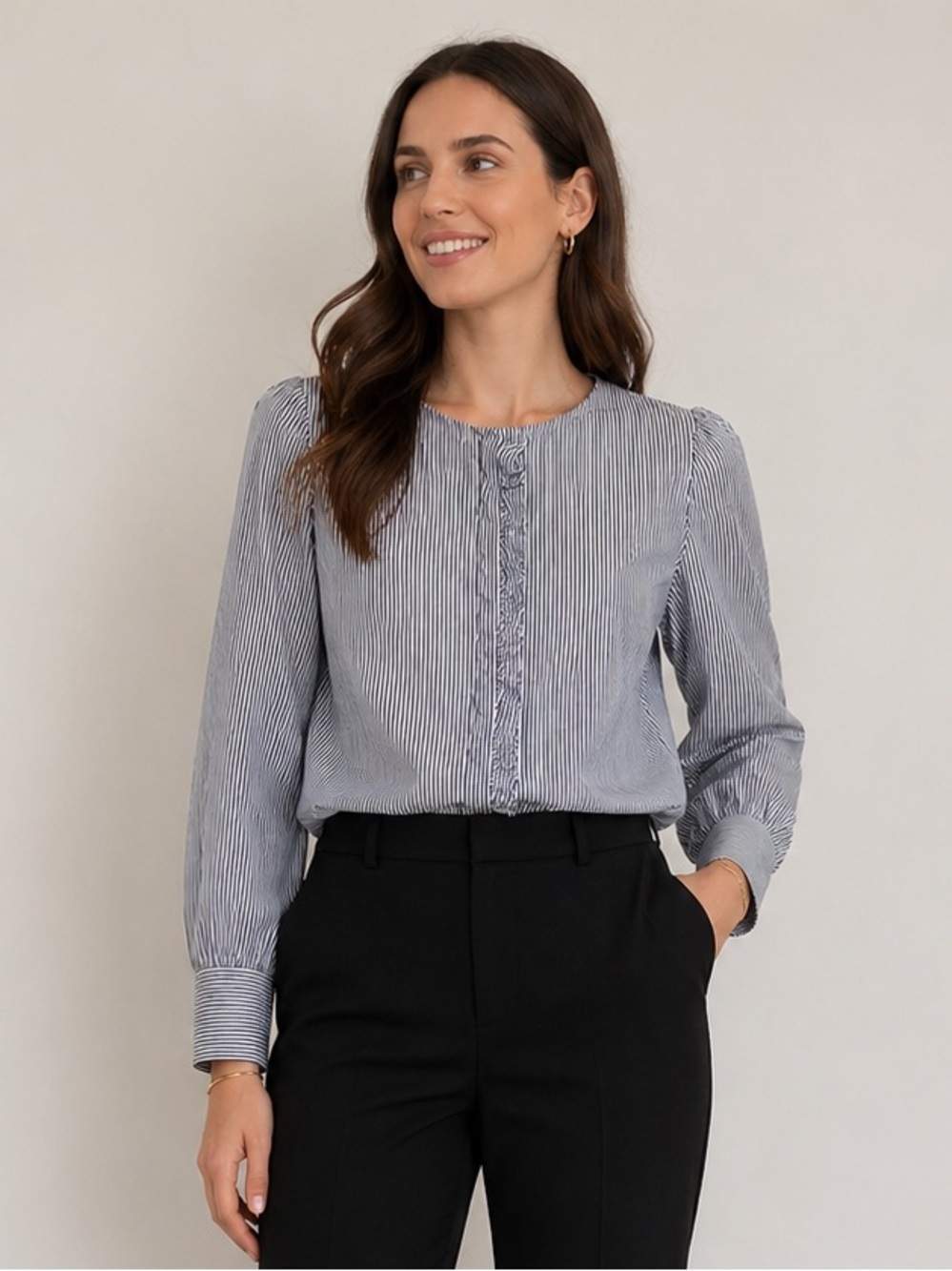 Simons - Ruffle Front Pinstripe Shirt - S - China